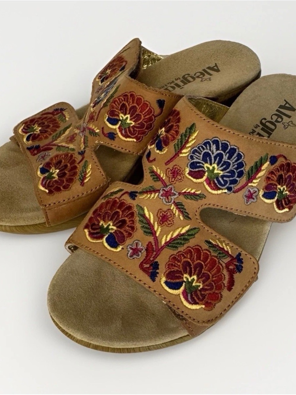 Alegria Tan Slide Sandals with Multicolor Floral Embroidery